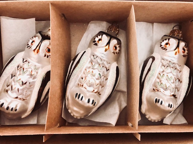 Owl Glass Christmas Ornaments - Set of Three