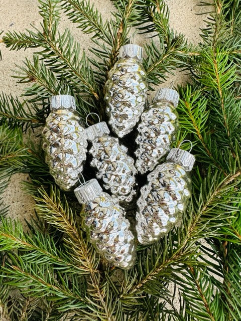 Mini Silver Pinecones Christmas Ornaments - Set of Six